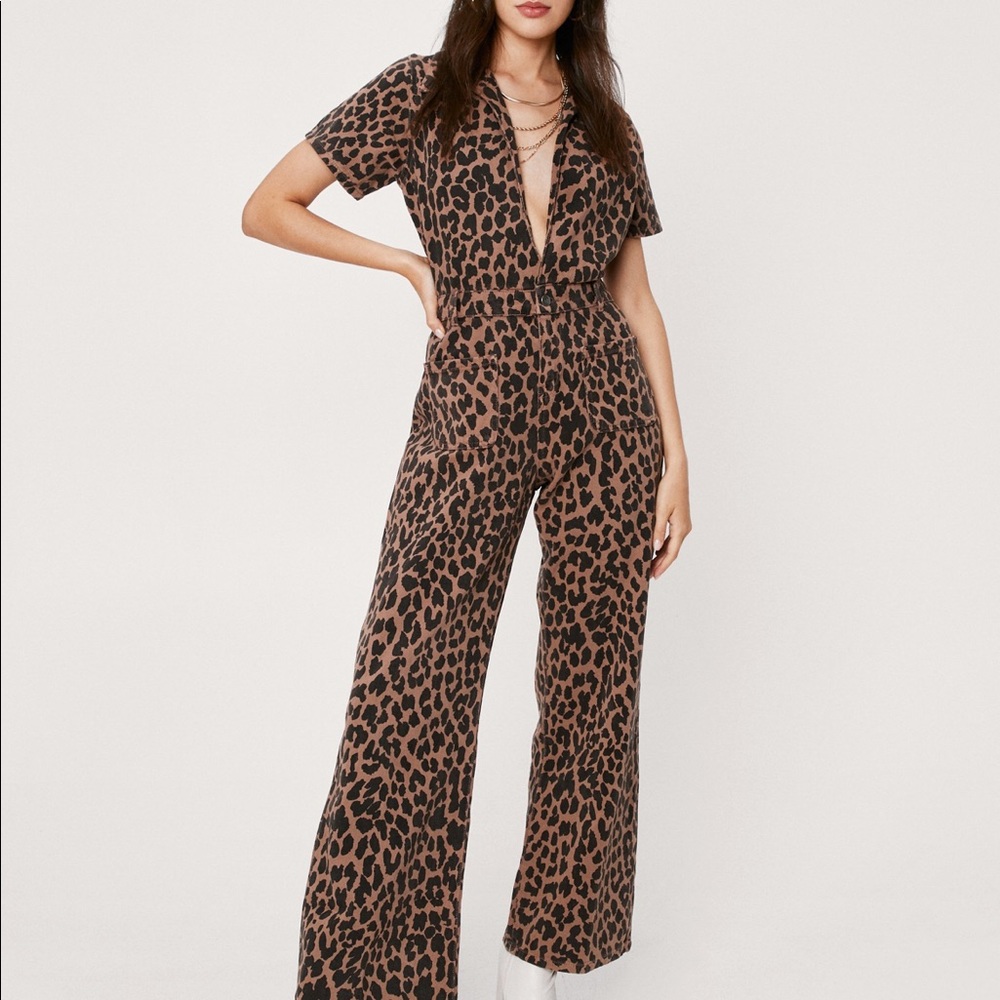 Deep V-Neck Jean Cheetah Jumpsuit